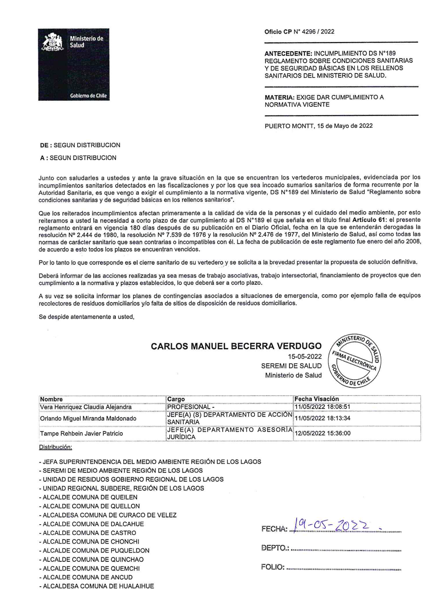 Lee más sobre el artículo Seremi De Salud explica documento enviado a Municipios de Chiloé en donde se establecería el cierre sanitario de vertederos «NO HEMOS SOLICITADO EL CIERRE DE LOS VERTEDEROS DE DICHAS COMUNAS»